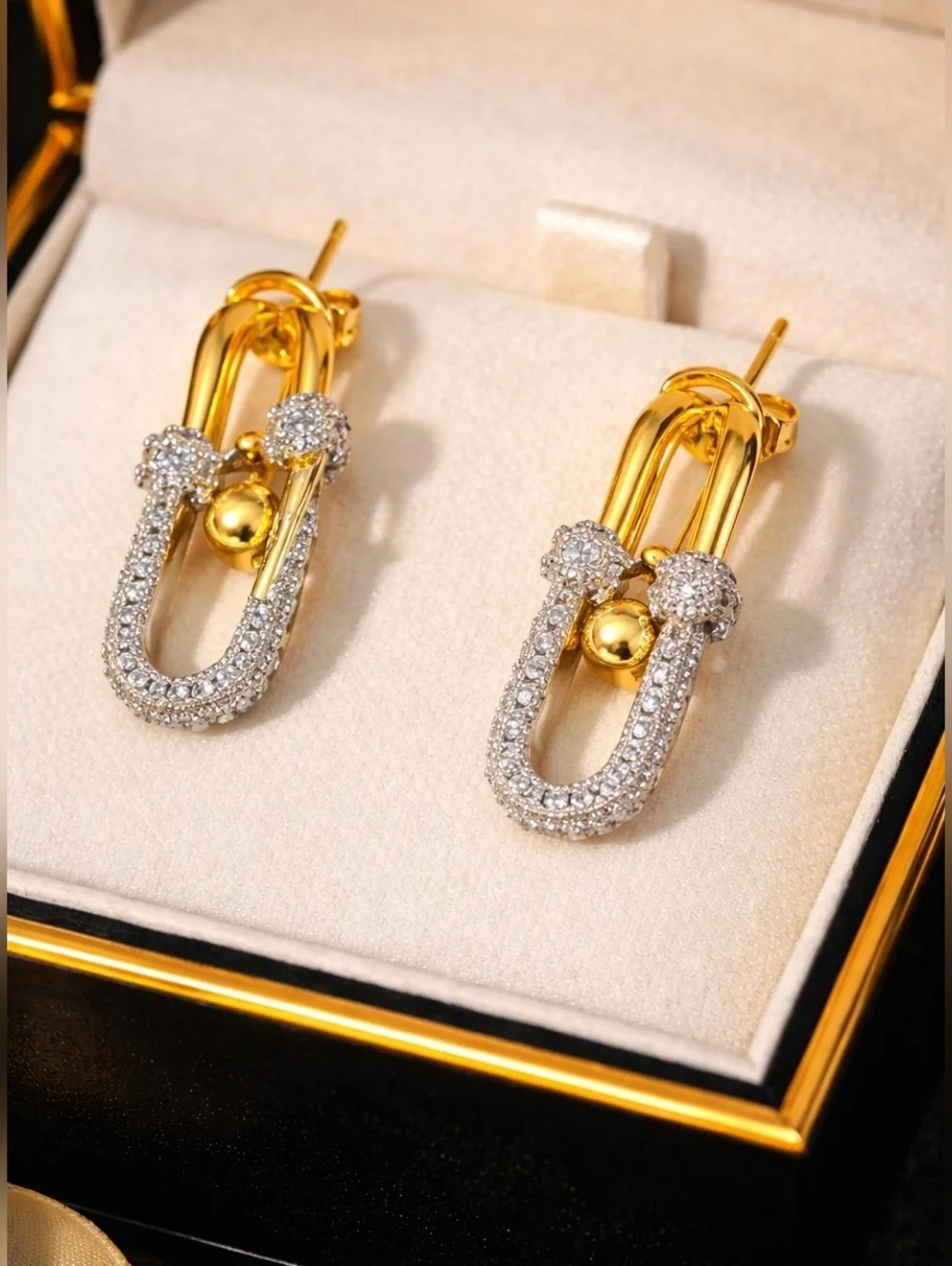 Gold and Silver Crystal Link Drop Earrings